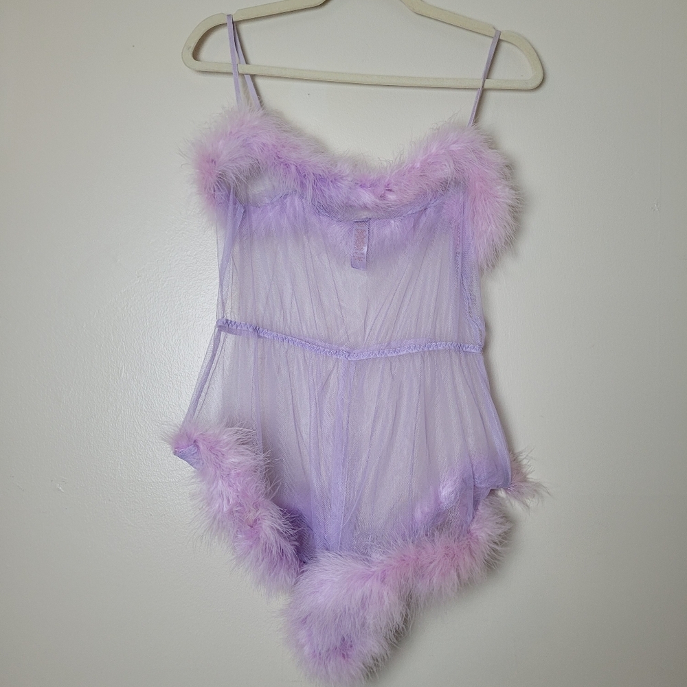 Savage X Fenty Sheer Marabou Romper in "Fairy Dust"